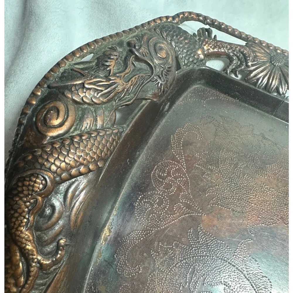 Vintage Dragon Metal Tray Copper Tone Good Ornate Embossed Chinoiserie 9.5in